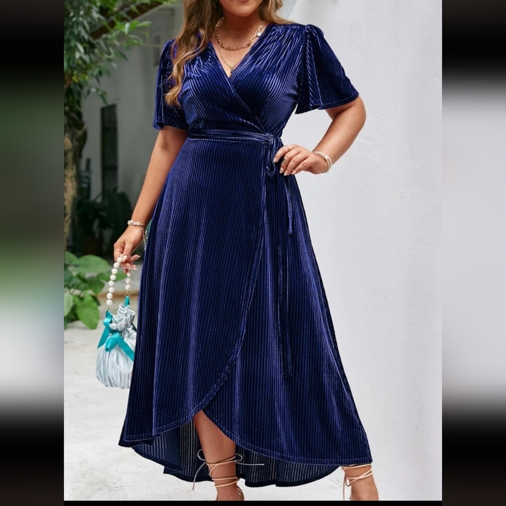 Plus Flutter Sleeve Tie Side Wrap Velvet Dress